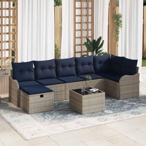 ARDEBO.de - Sofa Set mit Kissen Grau und Marineblau Poly-Rattan