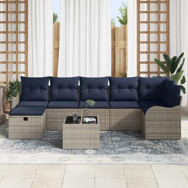 Sofa Set mit Kissen Grau und Marineblau Poly-Rattan