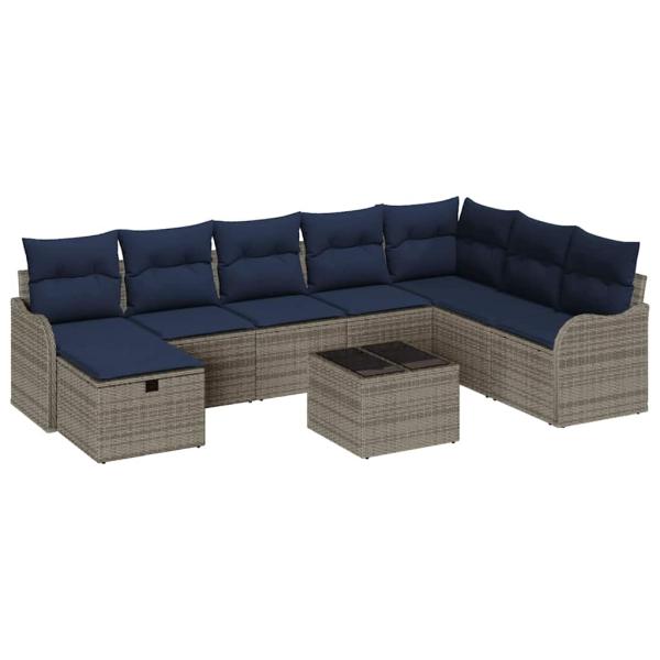 Sofa Set 9 stk. 8-Sitzanzahl Grau und Marineblau Poly-Rattan