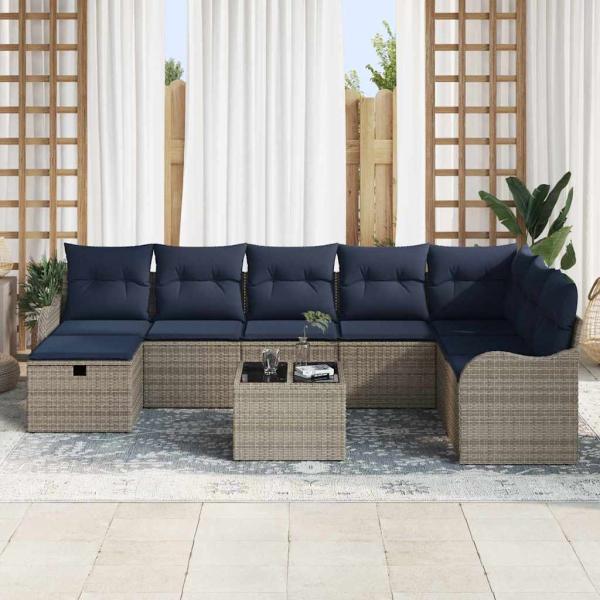 Sofa Set 9 stk. 8-Sitzanzahl Grau und Marineblau Poly-Rattan