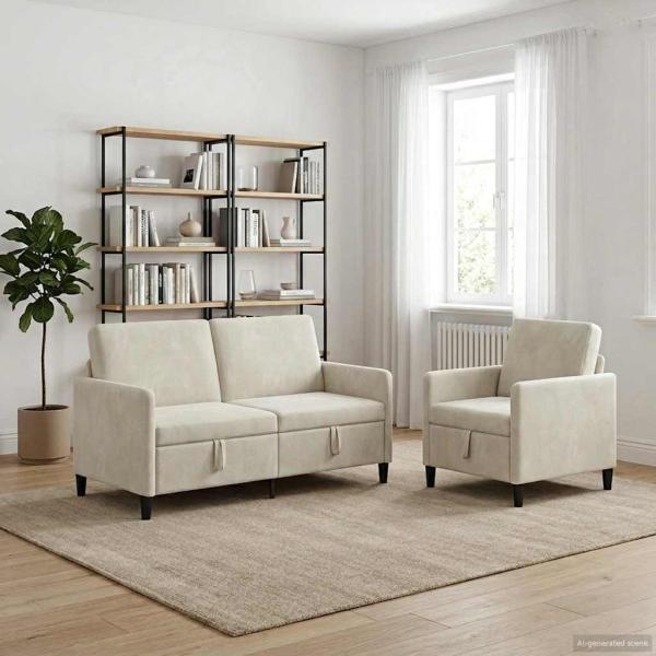 ARDEBO.de - Sofa Set mit Stauraum 2 stk. Creme Polyester