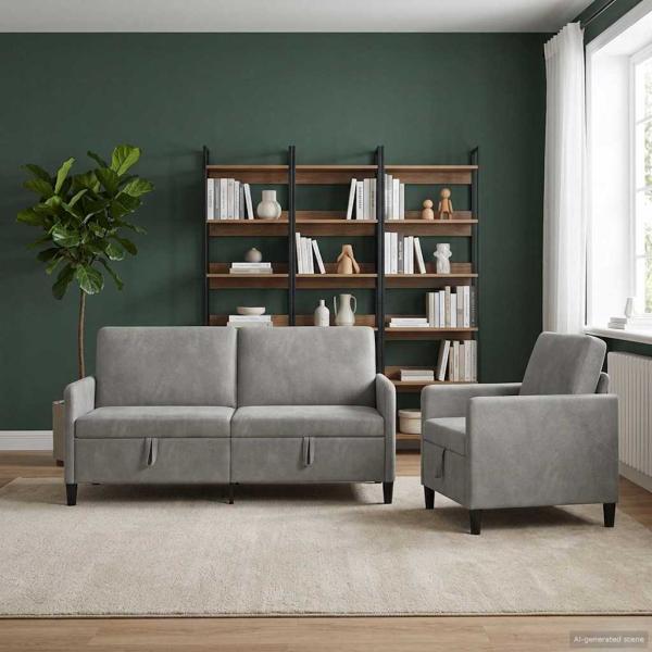 Sofa Set mit Stauraum 2 stk. Hellgrau Polyester