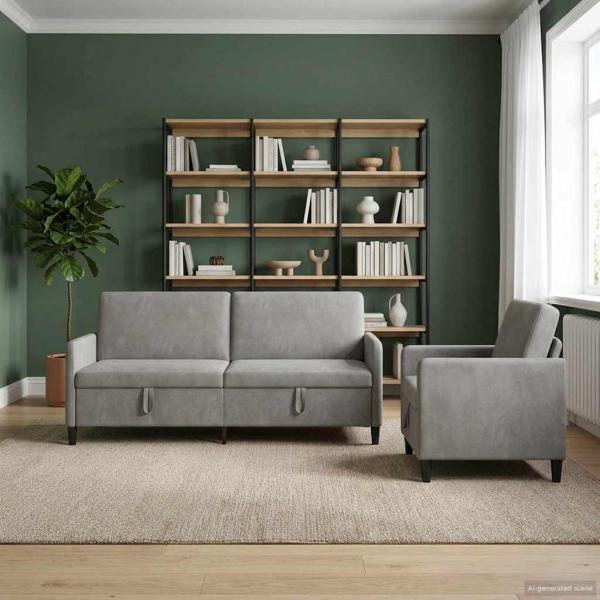 ARDEBO.de - Sofa Set mit Stauraum 2 stk. Hellgrau Polyester