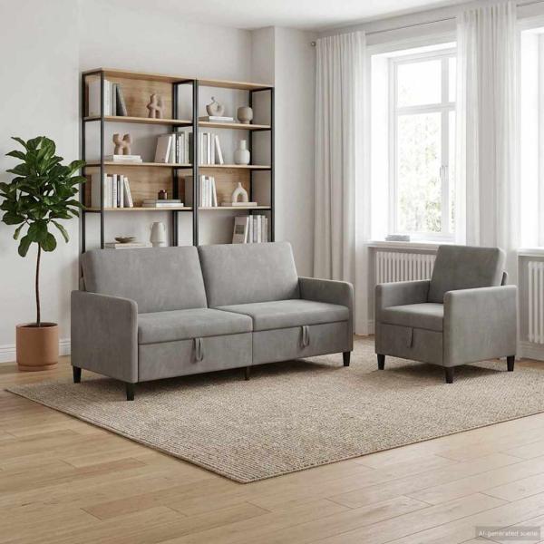 Sofa Set mit Stauraum 2 stk. Hellgrau Polyester