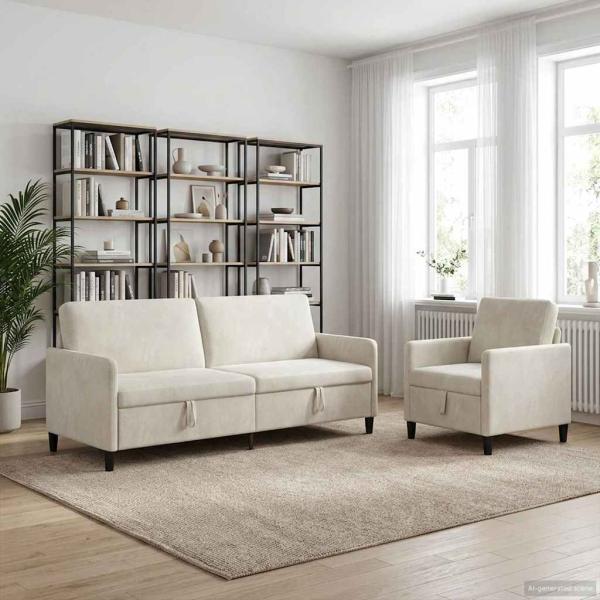 ARDEBO.de - Sofa Set mit Stauraum 2 stk. Creme Polyester