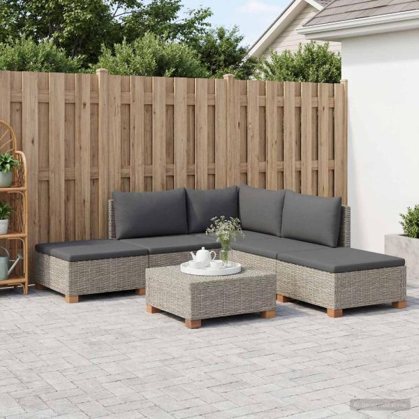 6 Stk. Rattan-Lounge-Set mit Kissen GENDT Naturrattan Kubu Grau
