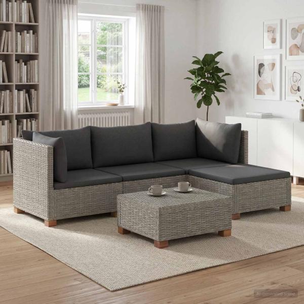 ARDEBO.de - 5 Stk. Rattan-Lounge-Set mit Kissen GENDT Naturrattan Kubu Grau