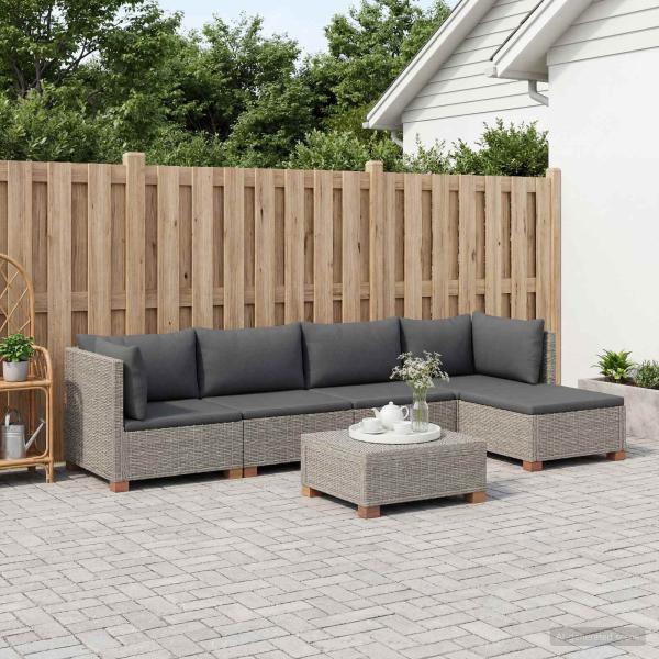 6 Stk. Rattan-Lounge-Set mit Kissen GENDT Naturrattan Kubu Grau