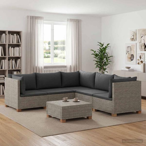 ARDEBO.de - 6 Stk. Rattan-Lounge-Set mit Kissen GENDT Naturrattan Kubu Grau