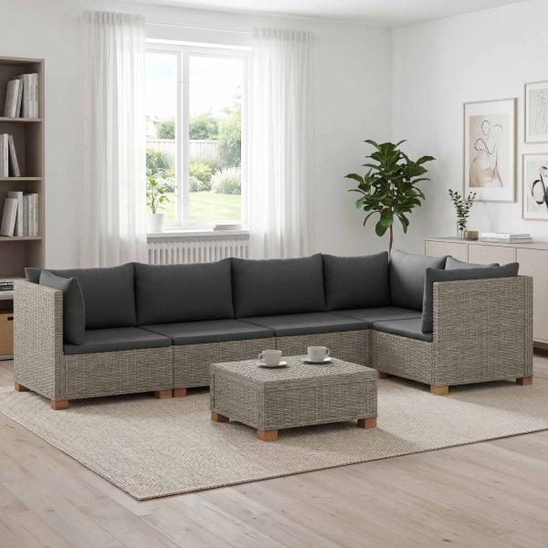 ARDEBO.de - 6 Stk. Rattan Lounge Set mit Kissen GENDT Naturrattan Kubu Grau