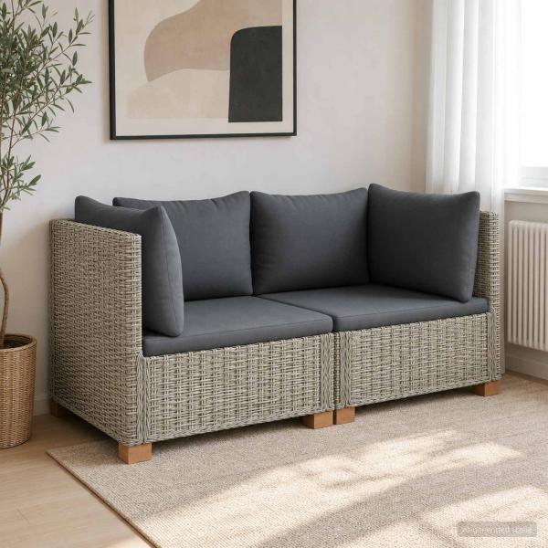2 Stk. Rattan-Lounge-Set mit Kissen GENDT Naturrattan Kubu Grau
