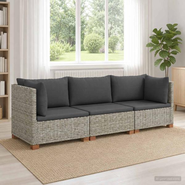 ARDEBO.de - 3 Stk. Rattan-Lounge-Set mit Kissen GENDT Naturrattan Kubu Grau