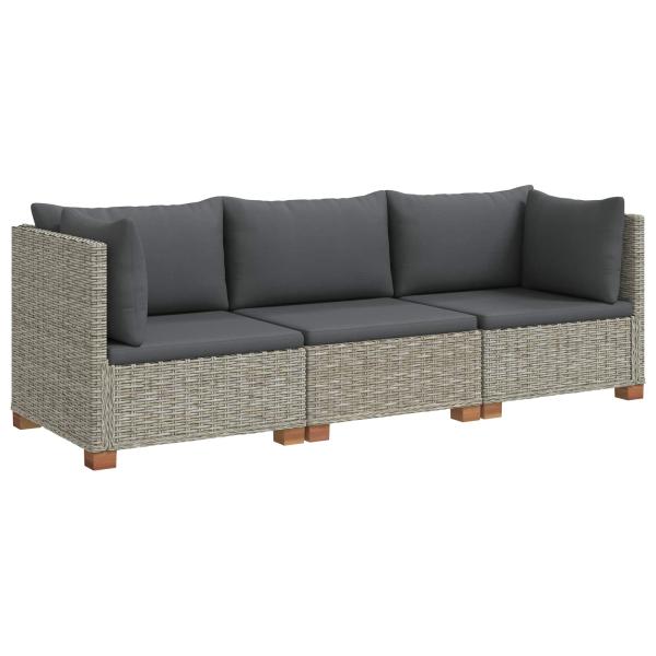 3 Stk. Rattan-Lounge-Set mit Kissen GENDT Naturrattan Kubu Grau