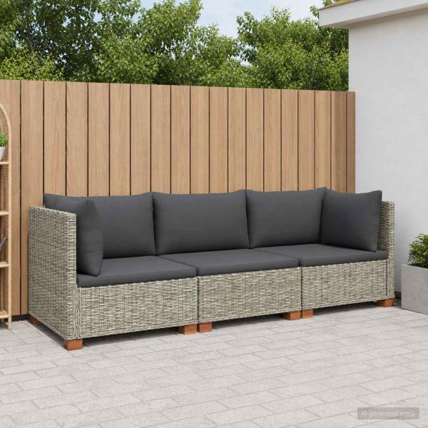 3 Stk. Rattan-Lounge-Set mit Kissen GENDT Naturrattan Kubu Grau