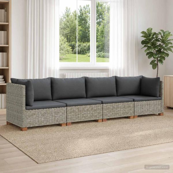 ARDEBO.de - 4 Stk. Rattan-Lounge-Set mit Kissen GENDT Naturrattan Kubu Grau