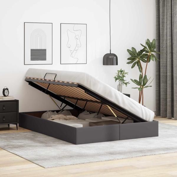 Ottoman Bettgestell mit Speicher Grau 140 x 200 cm Kunstleder
