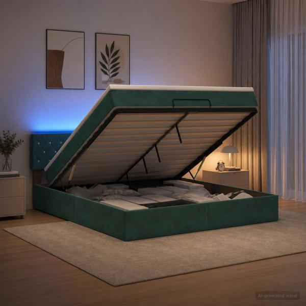 ARDEBO.de - Ottoman-Bett mit Matratze und LED Dunkelgrün 140 x 200 cm Samt