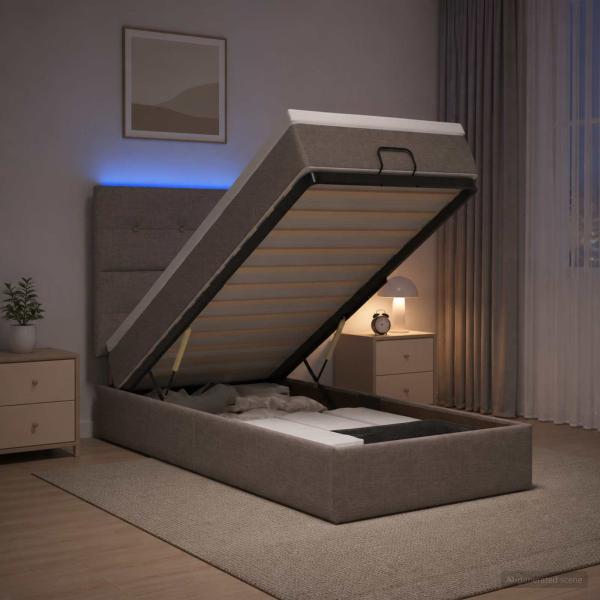 ARDEBO.de - Ottoman-Bett mit Matratze und LED Taupe 90 x 190 cm Stoff