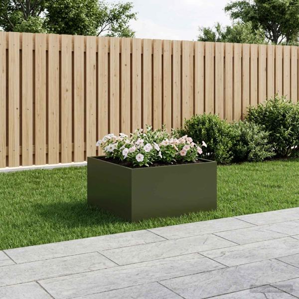 ARDEBO.de - Garten-Pflanzgefäß Olivgrün 80 x 80 x 40 cm Kaltgewalzter Stahl
