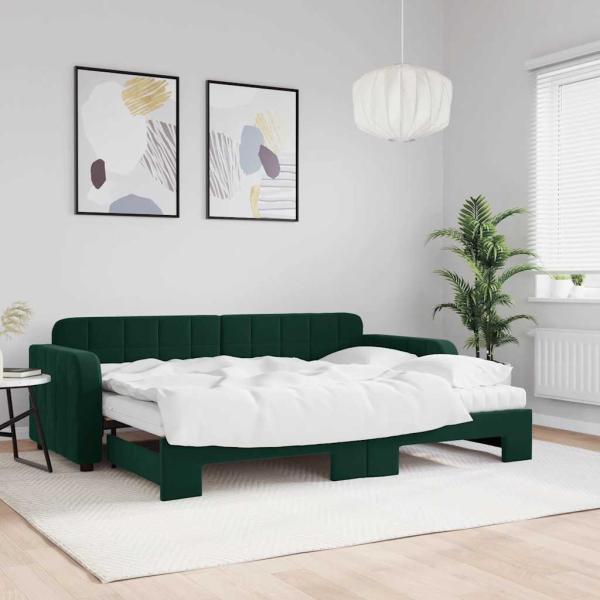 ARDEBO.de - Tagesbett Ausziehbar mit Matratzen Dunkelgrün 80x200 cm Samt