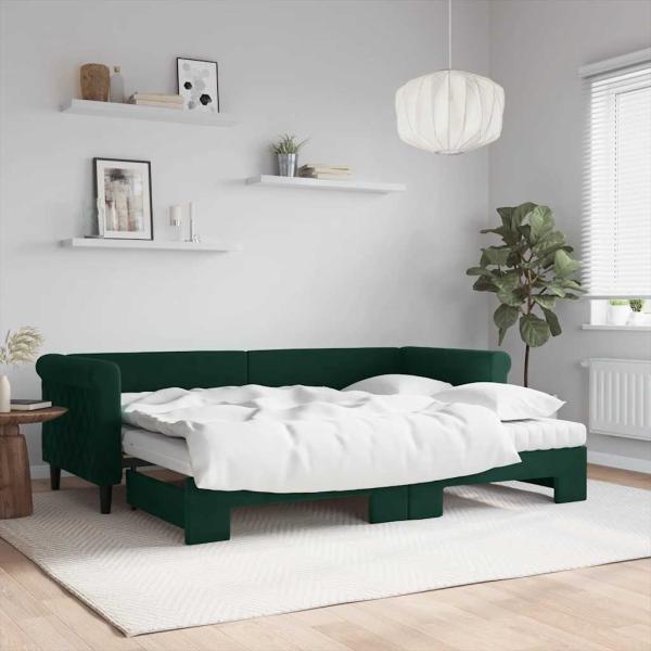 ARDEBO.de - Tagesbett Ausziehbar mit Matratzen Dunkelgrün 80x200 cm Samt