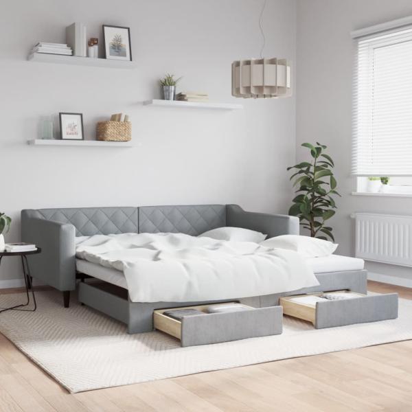 ARDEBO.de - Tagesbett Ausziehbar mit Schubladen Hellgrau 100x190 cm Stoff