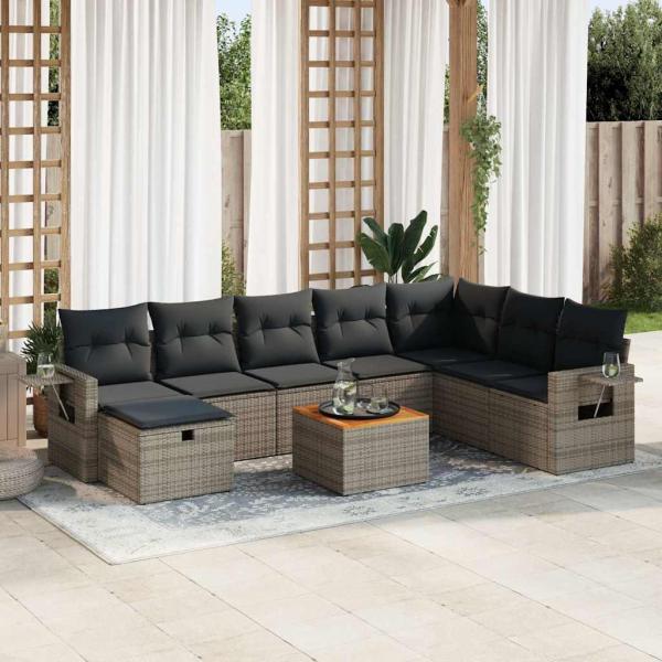ARDEBO.de - 9-tlg. Garten-Sofagarnitur mit Kissen Grau Poly Rattan