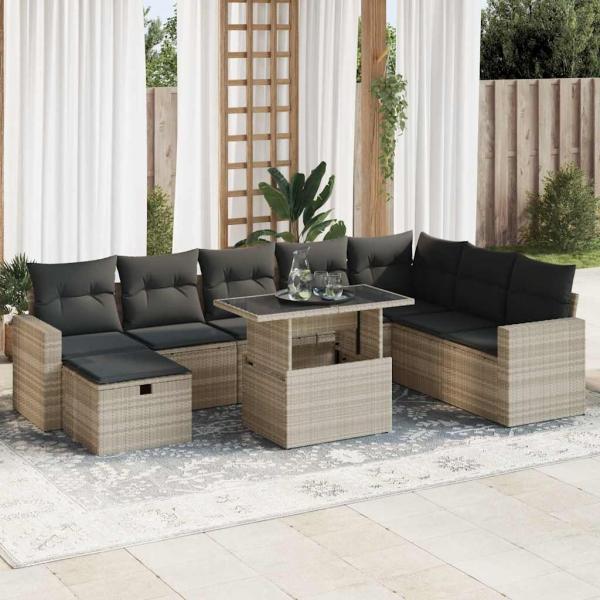 ARDEBO.de - 9-tlg. Garten-Sofagarnitur mit Kissen Hellgrau Poly Rattan