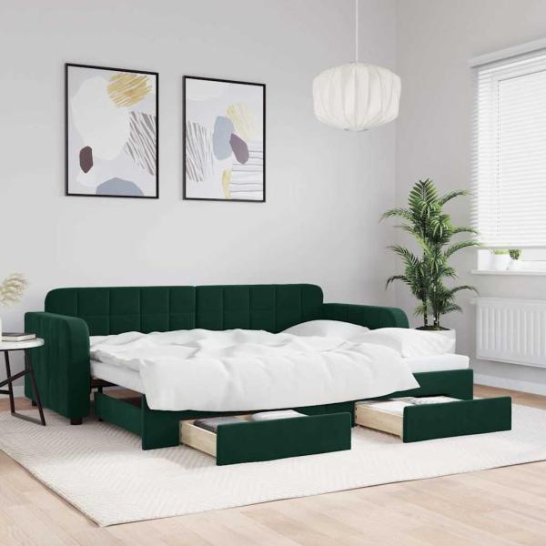 ARDEBO.de - Tagesbett Ausziehbar mit Schubladen Dunkelgrün 80x200 cm Samt