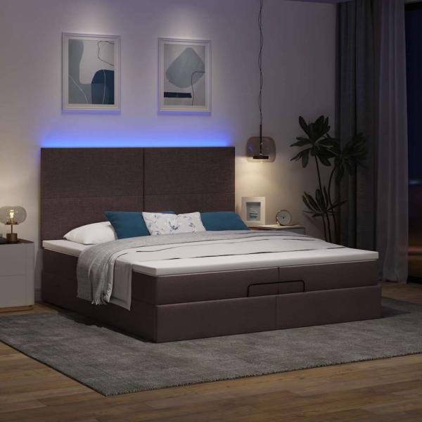 Ottoman-Bett mit Matratzen & LEDs Dunkelbraun 200x200 cm Stoff