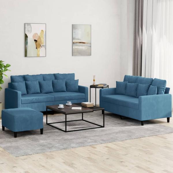 ARDEBO.de - 3-tlg. Sofagarnitur mit Kissen Blau Samt