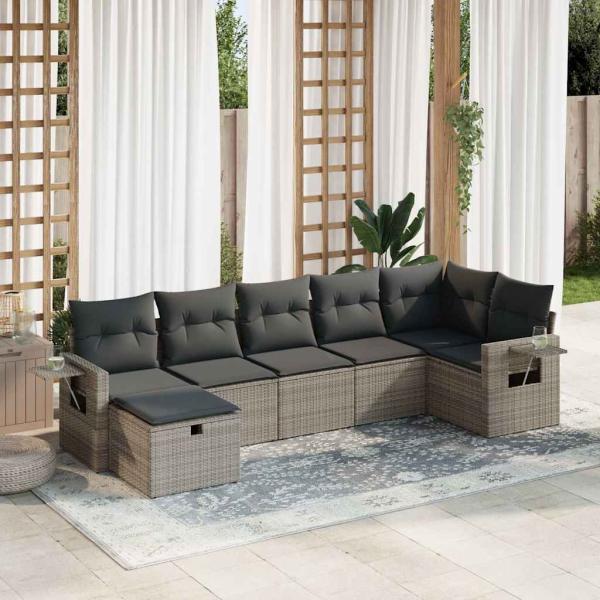 ARDEBO.de - 7-tlg. Garten-Sofagarnitur mit Kissen Grau Poly Rattan