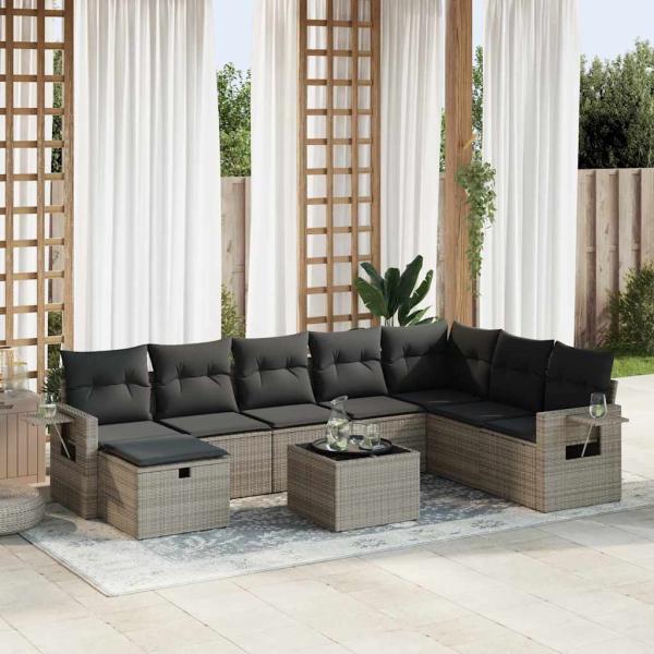 ARDEBO.de - 9-tlg. Garten-Sofagarnitur mit Kissen Grau Poly Rattan