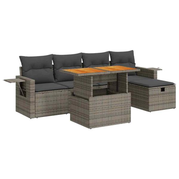 6-tlg. Garten-Sofagarnitur mit Kissen Grau Poly Rattan Akazie