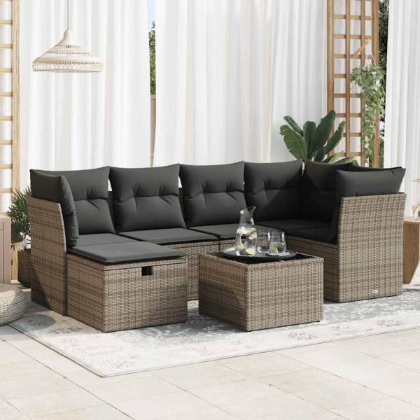 ARDEBO.de - 7-tlg. Garten-Sofagarnitur mit Kissen Grau Poly Rattan