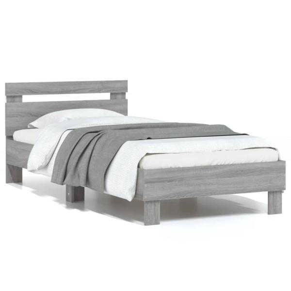 ARDEBO.de - Bettgestell mit Kopfteil und LED-Leuchten Grau Sonoma 75x190 cm
