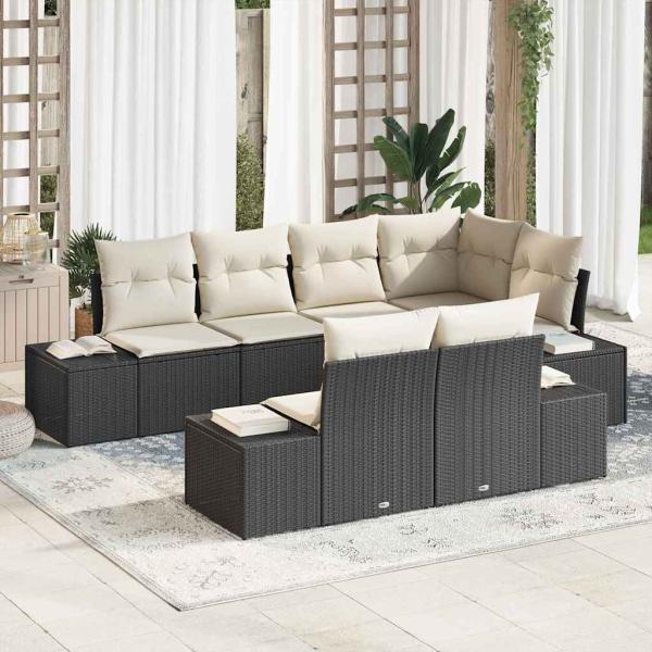 ARDEBO.de - Gartensofa-set 7 stk. Schwarz und Creme Poly-Rattan
