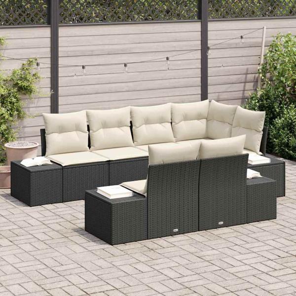 Gartensofa-set 7 stk. Schwarz und Creme Poly-Rattan