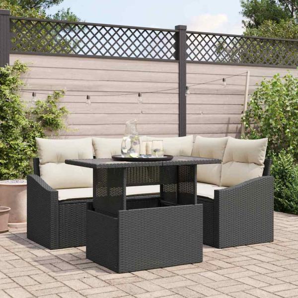 ARDEBO.de - Gartensofa-set 5 stk. Schwarz und Creme Poly-Rattan
