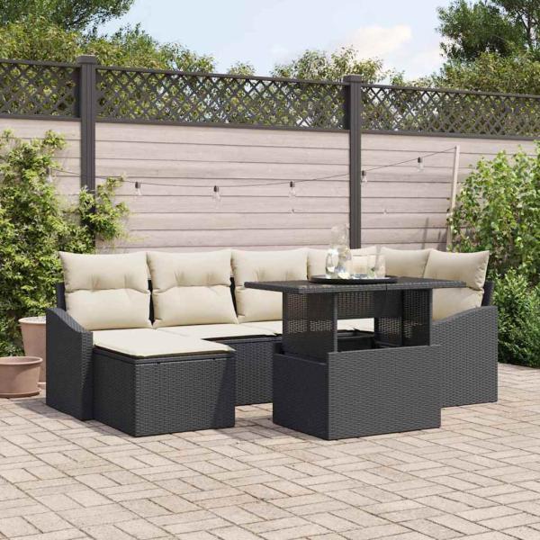 ARDEBO.de - Gartensofa-set 7 stk. Schwarz und Creme Poly-Rattan