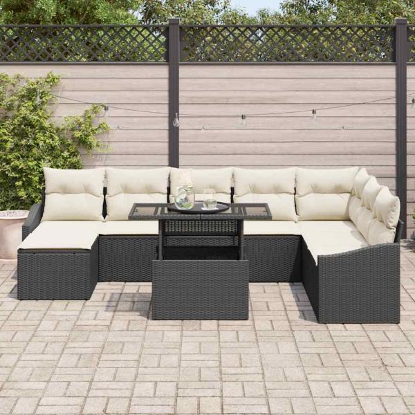 Sofa Set 9 stk. Schwarz und Creme Poly-Rattan