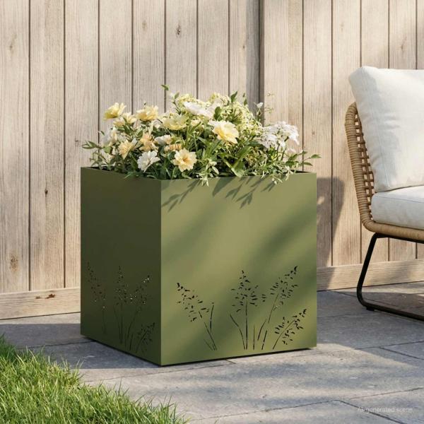 ARDEBO.de - Garten-Pflanzgefäß Olivgrün 50 x 50 x 49 cm Kaltgewalzter Stahl