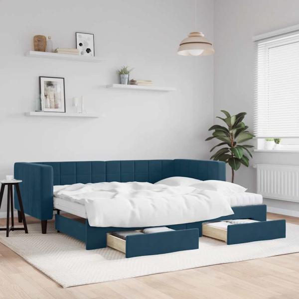 ARDEBO.de - Tagesbett Ausziehbar mit Schubladen Blau 90x200 cm Samt