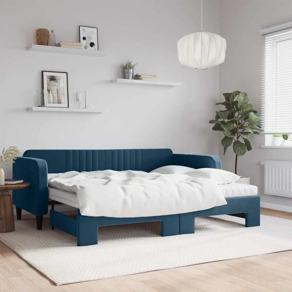 ARDEBO.de - Tagesbett Ausziehbar mit Matratzen Blau 90x200 cm Samt
