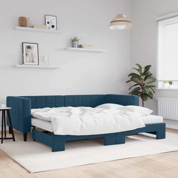 ARDEBO.de - Tagesbett Ausziehbar mit Matratzen Blau 90x200 cm Samt