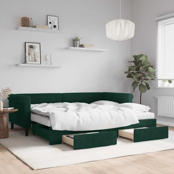 ARDEBO.de - Tagesbett Ausziehbar mit Schubladen Dunkelgrün 90x200 cm Samt