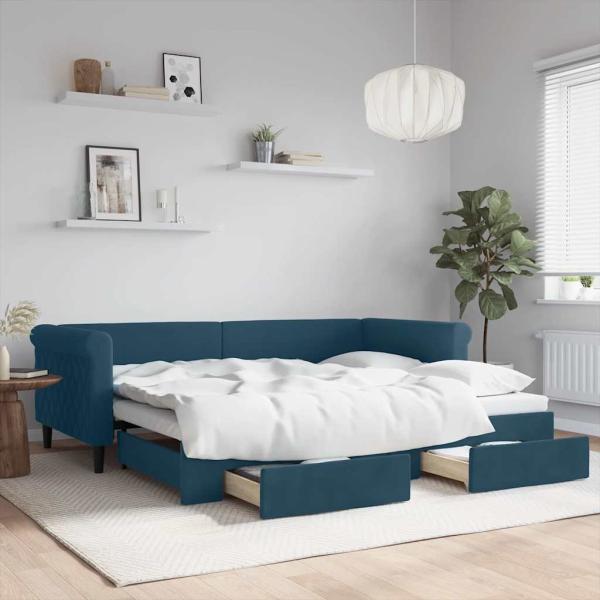 ARDEBO.de - Tagesbett Ausziehbar mit Schubladen Blau 90x200 cm Samt