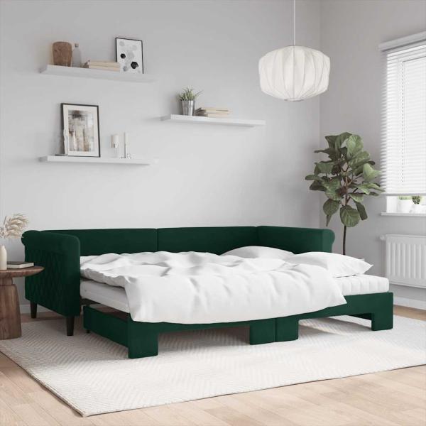 ARDEBO.de - Tagesbett Ausziehbar mit Matratzen Dunkelgrün 90x200 cm Samt