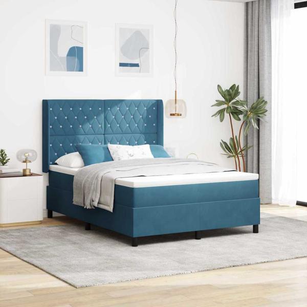 ARDEBO.de - Boxspringbett mit Matratze mit Kopfteil Blau 140 x 190 cm Samt