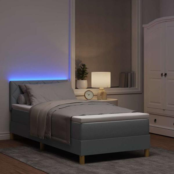 LED Boxspringbett mit Kopfteil Hellgrau 100 x 200 cm Stoff